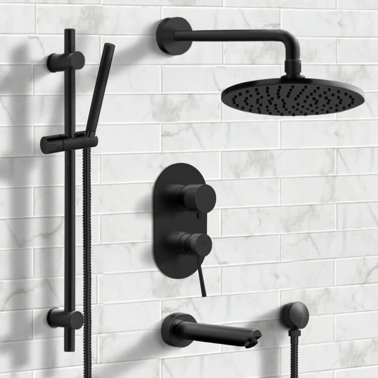 Remer TSR33 Matte Black Tub and Shower Faucet Set with Handheld, Rain Shower Head